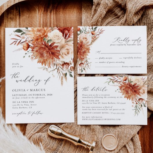 Boho Terracotta Dahlia Floral Elegante Hochzeit Begleitkarte