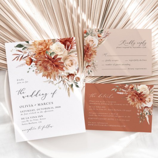 Boho Terracotta Dahlia Floral Elegante Hochzeit Begleitkarte