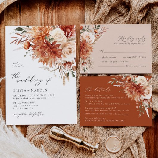 Boho Terracotta Dahlia Floral Elegante Hochzeit RSVP Karte