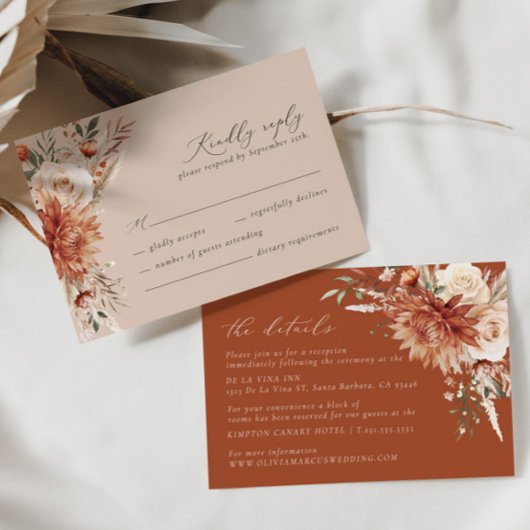 Boho Terracotta Dahlia Floral Elegante Hochzeit RSVP Karte