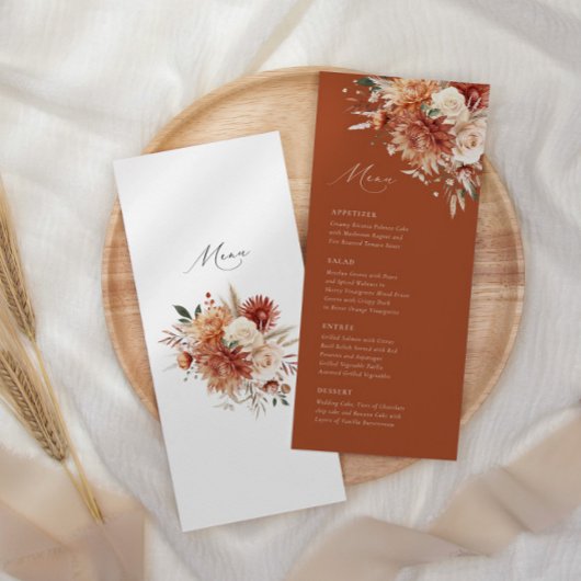 Boho Terracotta Dahlia Rose Elegante Hochzeit Menükarte