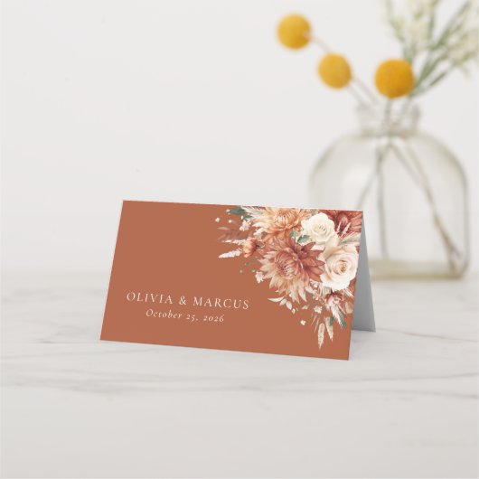 Boho Terracotta Dahlia Rose Wedding Platzkarte (Rückseite)