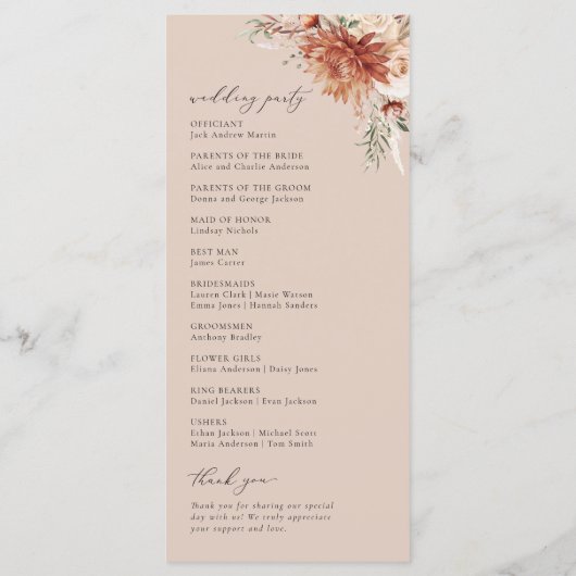 Boho Terracotta Dahlia Rose Wedding Programm (Rückseite)