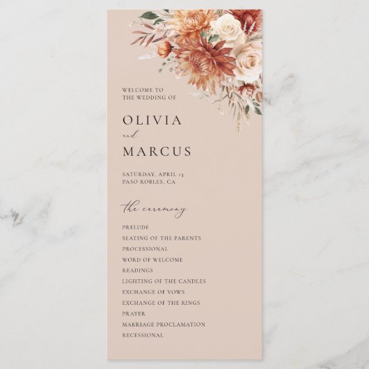 Boho Terracotta Dahlia Rose Wedding Programm (Vorderseite)