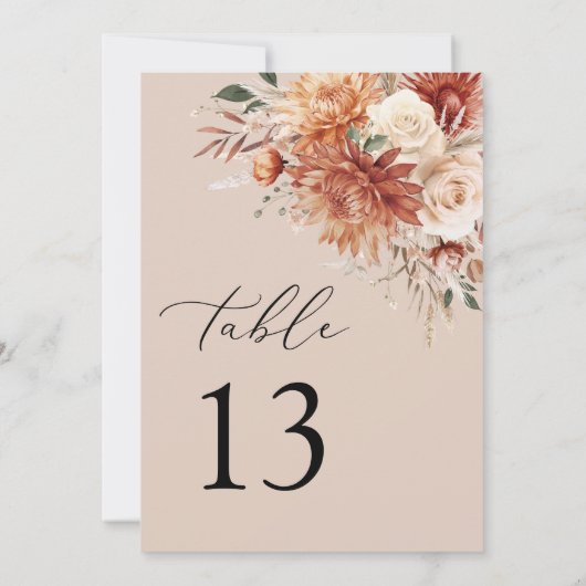 Boho Terracotta Dahlia Rose Wedding Tischnummer (Rückseite)