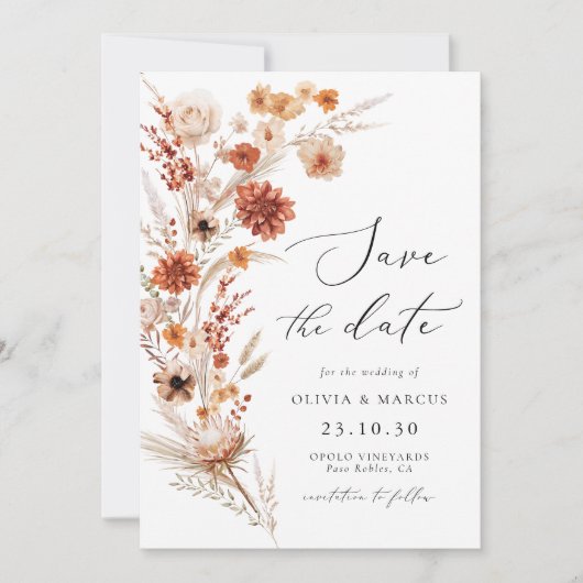 Boho Terracotta Dahlia Wildblume Elegante Hochzeit Save The Date (Vorderseite)