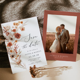 Boho Terracotta Dahlia Wildblume Elegante Hochzeit Save The Date