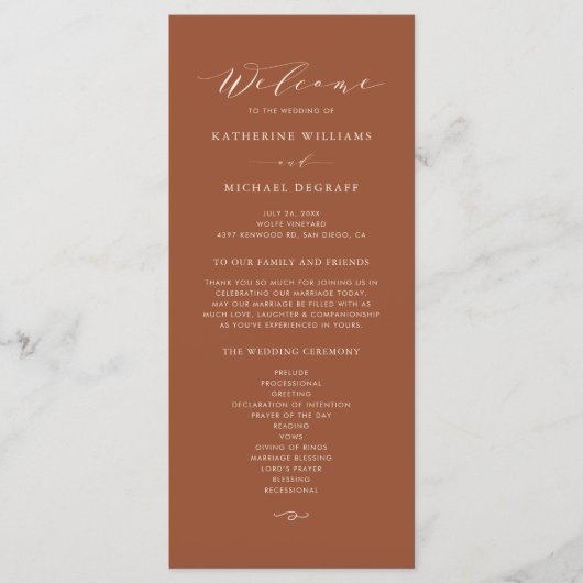 Boho Terracotta Dainty Script Hochzeitsfeier Programm (Vorderseite)
