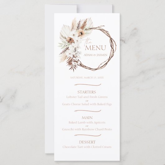 Boho Terracotta Dried Floral Wreath Wedding Menu (Vorderseite)