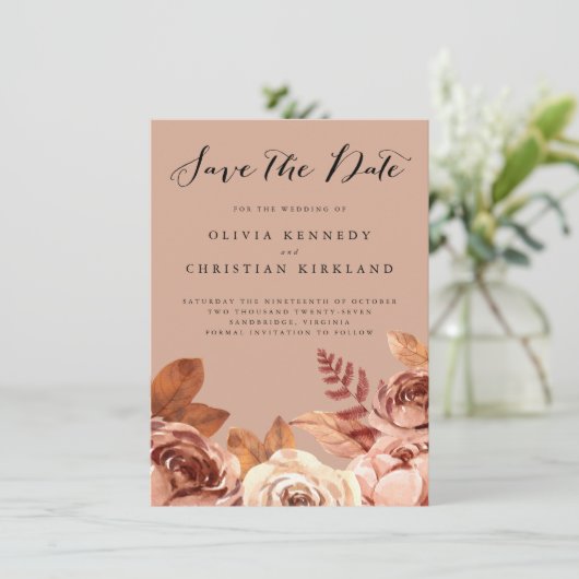 Boho Terracotta Earth Tone Botanische Save the Dat Ankündigung (Stehend Vorderseite)