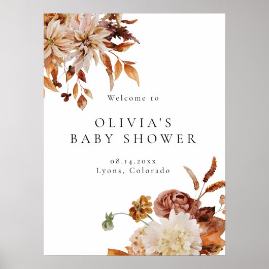 Boho Terracotta Fall Floral Baby Dusche Willkommen Poster (Vorne)