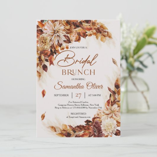 Boho terracotta Fall und Herbstrost Bridal Brunch Einladung (Stehend Vorderseite)