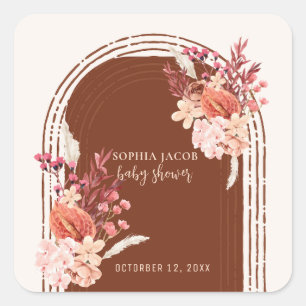 Boho Terracotta Floral Arch Baby Dusche Quadratischer Aufkleber