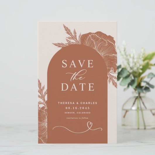 Boho Terracotta Floral Arch Save the Date Karte (Stehend Vorderseite)