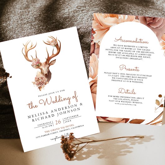 Boho Terracotta Floral Deer All in one Wedding Einladung