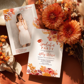 Boho Terracotta Floral Graduation Script Photo Einladung