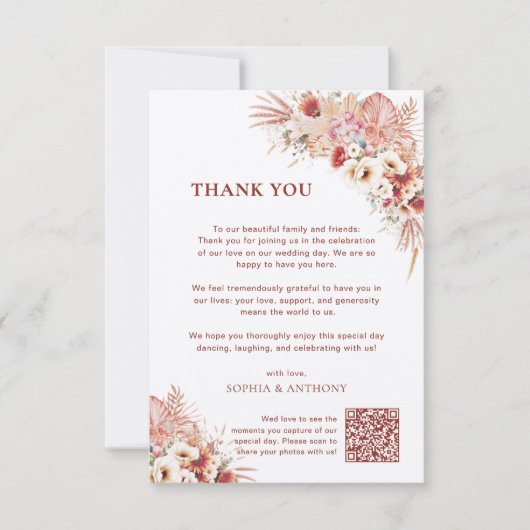Boho Terracotta Floral Kraft Wedding Qr Code Dankeskarte (Vorderseite)