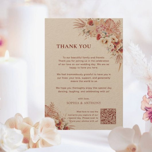 Boho Terracotta Floral Kraft Wedding Qr Code Dankeskarte
