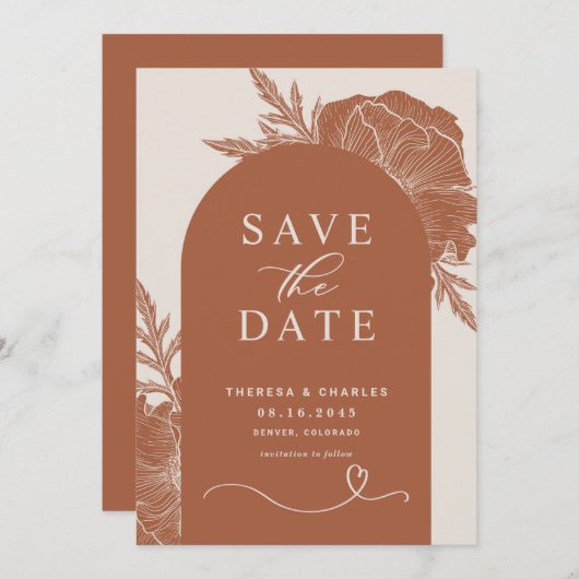 Boho Terracotta Floral Line Arte Save the Date (Vorne/Hinten)