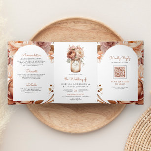Boho Terracotta Floral Mason Jar QR Code Wedding Dreifach Gefaltete Einladung