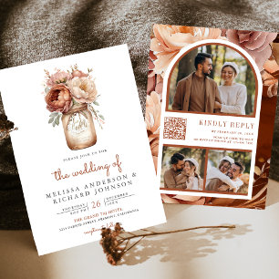 Boho Terracotta Floral Mason Jar QR Code Wedding Einladung