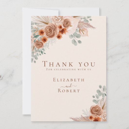 Boho Terracotta Floral Pampas Grass Wedding Dankeskarte (Vorderseite)