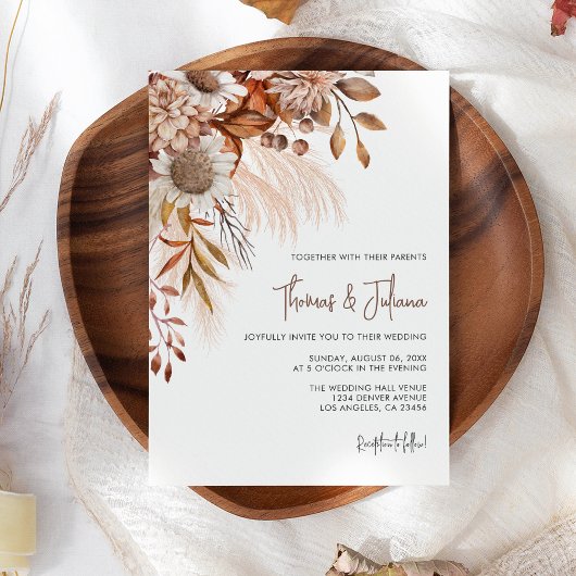 Boho Terracotta Floral Pampas Grass Wedding Einladung