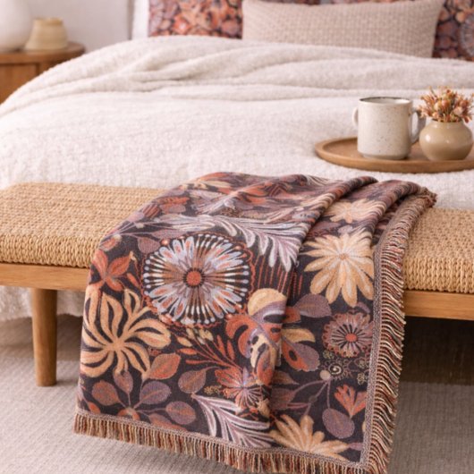 Boho Terracotta Floral Pattern Throw Blanket Decke