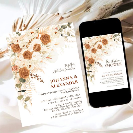 Boho Terracotta Floral QR Code Brautparty Einladung