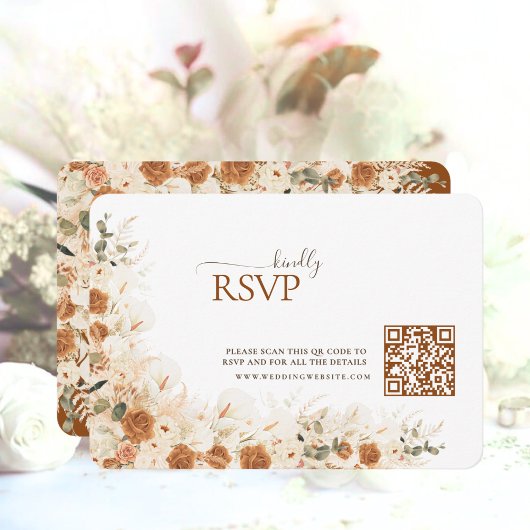 Boho Terracotta Floral QR Code Wedding RSVP Karte