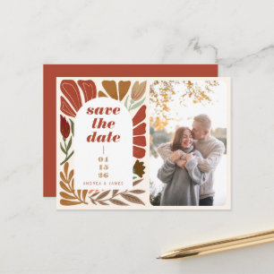 Boho Terracotta Floral Save the Date Wedding Foto Ankündigungspostkarte
