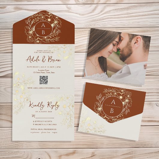 Boho Terracotta Floral Wedding All In One Einladung