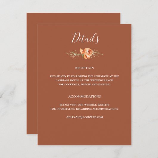 Boho Terracotta Floral Wedding Details Einladung (Vorne/Hinten)