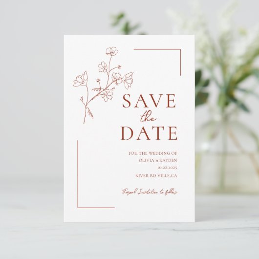 Boho Terracotta Floral Wedding Save the Date (Stehend Vorderseite)