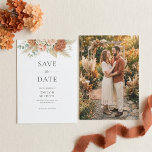 Boho Terracotta Floral Wedding Save The Date Card<br><div class="desc">Announce your upcoming wedding with this boho terracotta florals save the date card. It features watercolor burnt orange hydrangea, peach peonies, ivory ranunculus, pampas grass, palm fans and eucalyptus foliage on a crisp white background. Personalize with your photo on the back. This design is perfect for couples planning a late...</div>