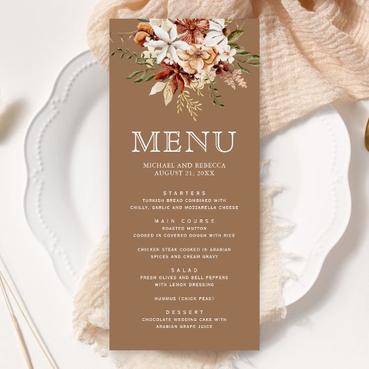 Boho Terracotta Floral Wildblume Beige Wedding Menükarte