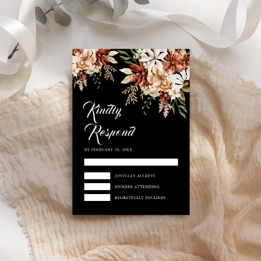 Boho Terracotta Floral Wildblume Black Wedding RSVP Karte