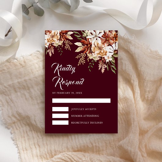 Boho Terracotta Floral Wildblume Burgundy Wedding RSVP Karte