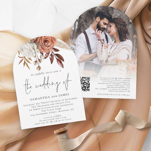 Boho Terracotta Florals Foto QR Code Wedding Einladung