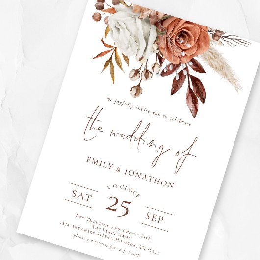 Boho Terracotta Florals Foto QR Code Wedding Einladung