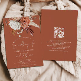 Boho Terracotta Florals QR Code Rust Wedding Einladung