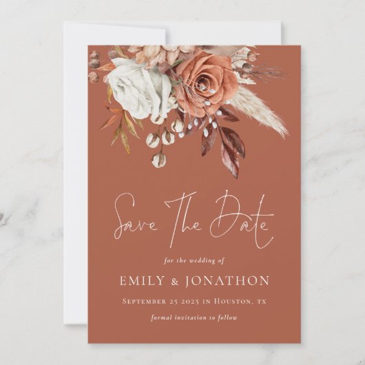 Boho Terracotta Florals QR Code Wedding Rust Save The Date (Vorderseite)