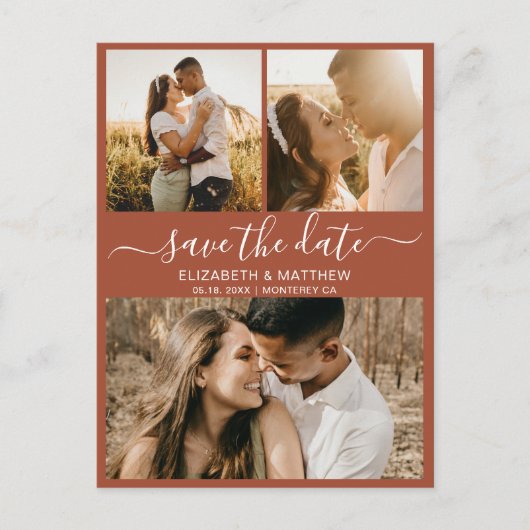 Boho Terracotta Foto Collage Save the Date Ankündigungspostkarte (Vorderseite)