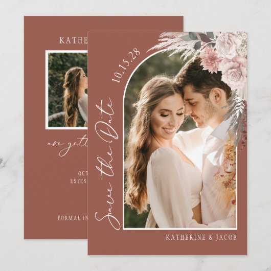 Boho Terracotta Foto Wedding Save The Date (Vorne/Hinten)