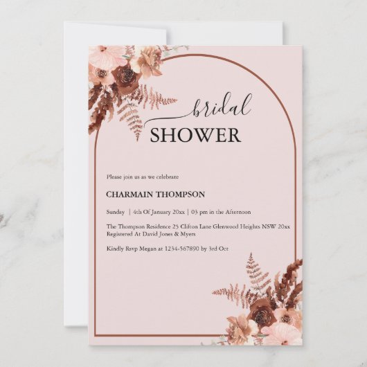 Boho Terracotta Grass Blush Pink Brautparty Einladung (Vorderseite)