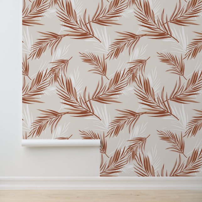 Boho Terracotta Gray Leaf Print Pattern Tapete (Anwendung)