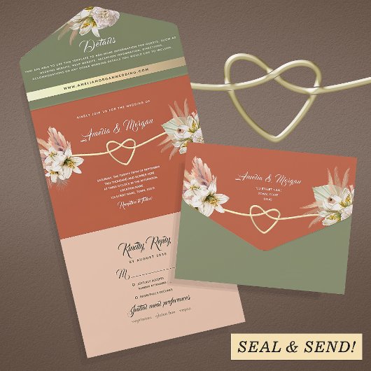 Boho Terracotta Green Wedding All In One Einladung