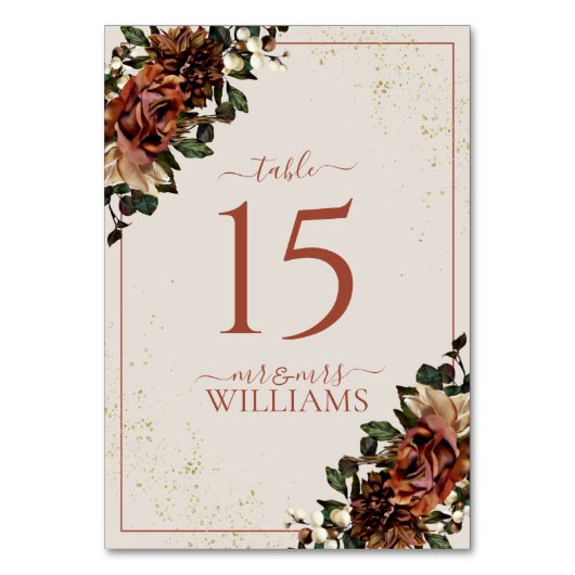 Boho Terracotta Greenery Floral Wedding Tischnummer (Rückseite)