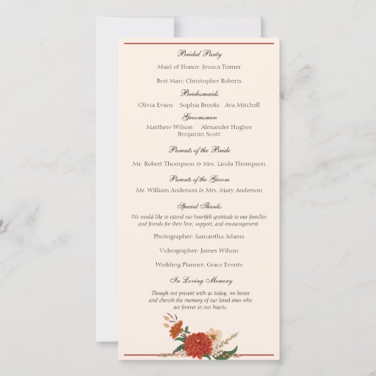 Boho Terracotta Lush Fall Floral Wedding Program (Rückseite)