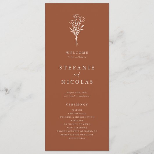 Boho Terracotta Minimalistisch Botanicals Wedding Programm (Vorderseite)